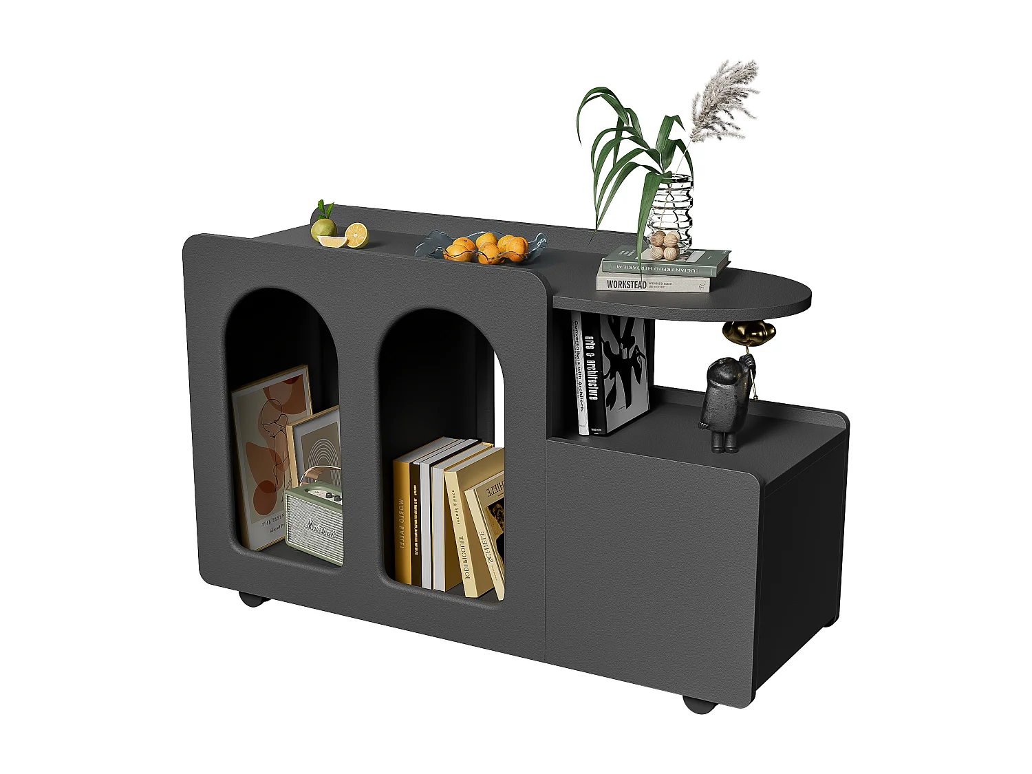 Buffet amovible à roulettes avec 1 tiroir et 3 compartiments - 82 x 30 x 53 cm - Panneau de particules - Noir