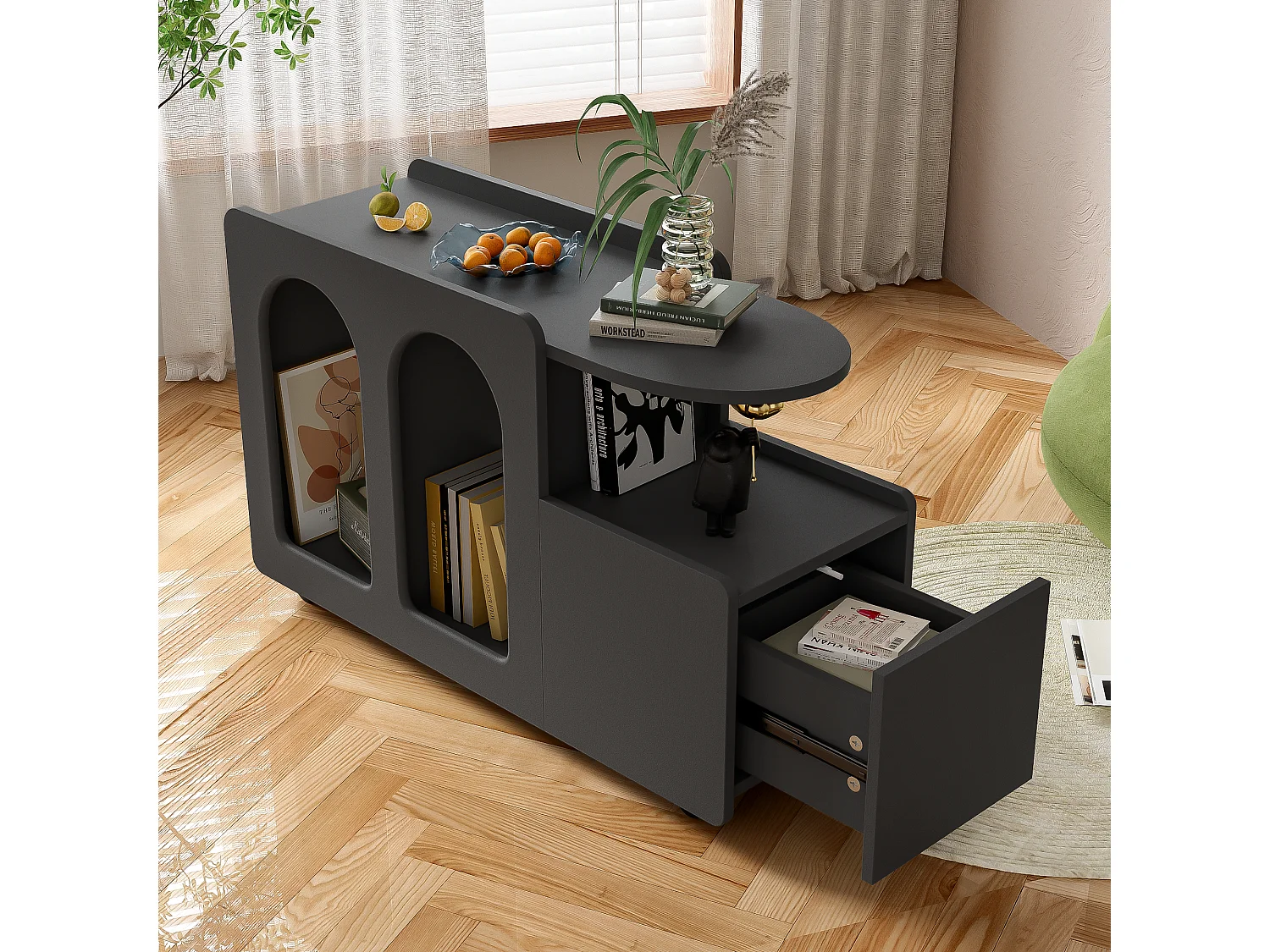 Buffet amovible à roulettes avec 1 tiroir et 3 compartiments - 82 x 30 x 53 cm - Panneau de particules - Noir