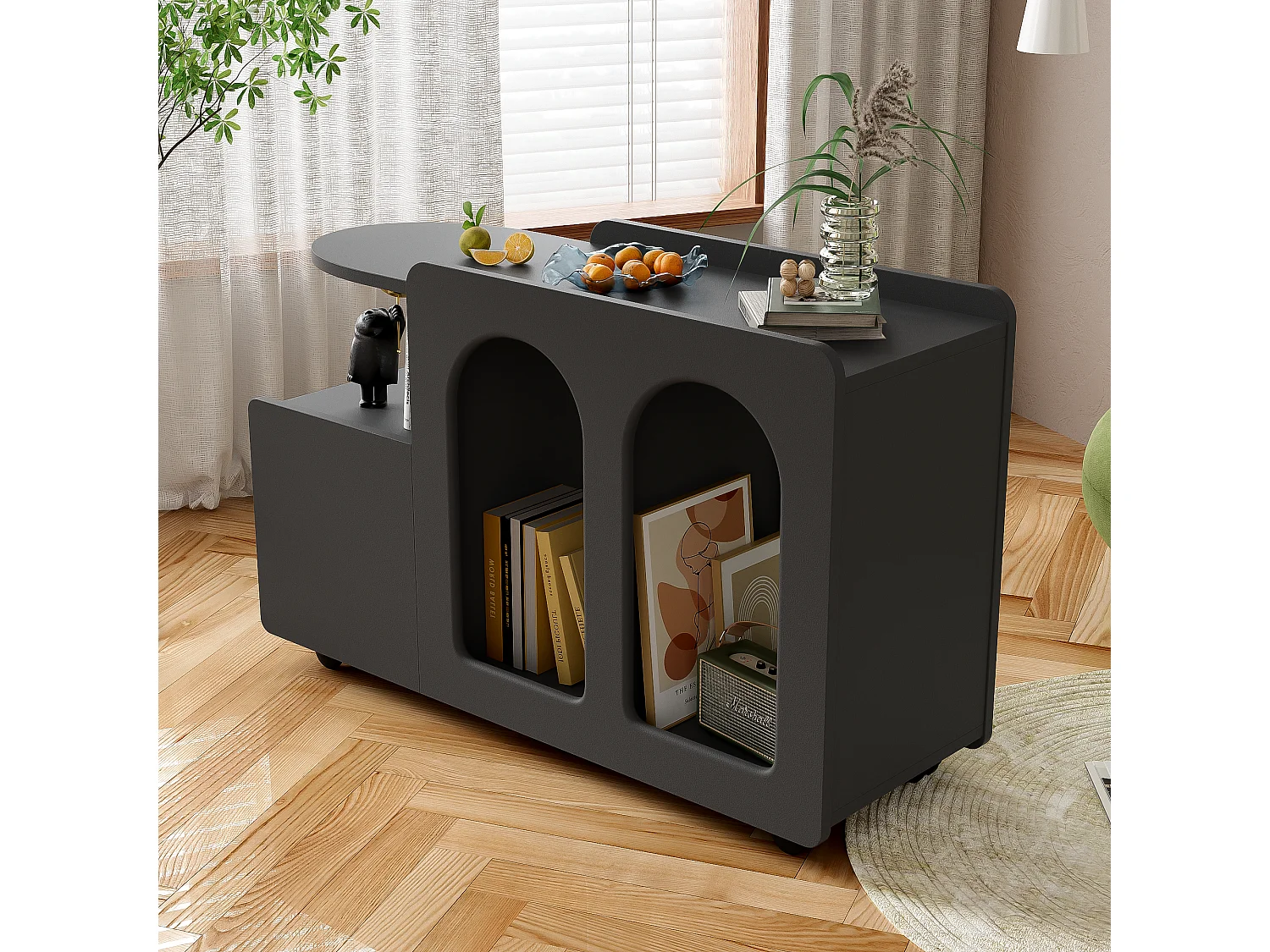 Buffet amovible à roulettes avec 1 tiroir et 3 compartiments - 82 x 30 x 53 cm - Panneau de particules - Noir