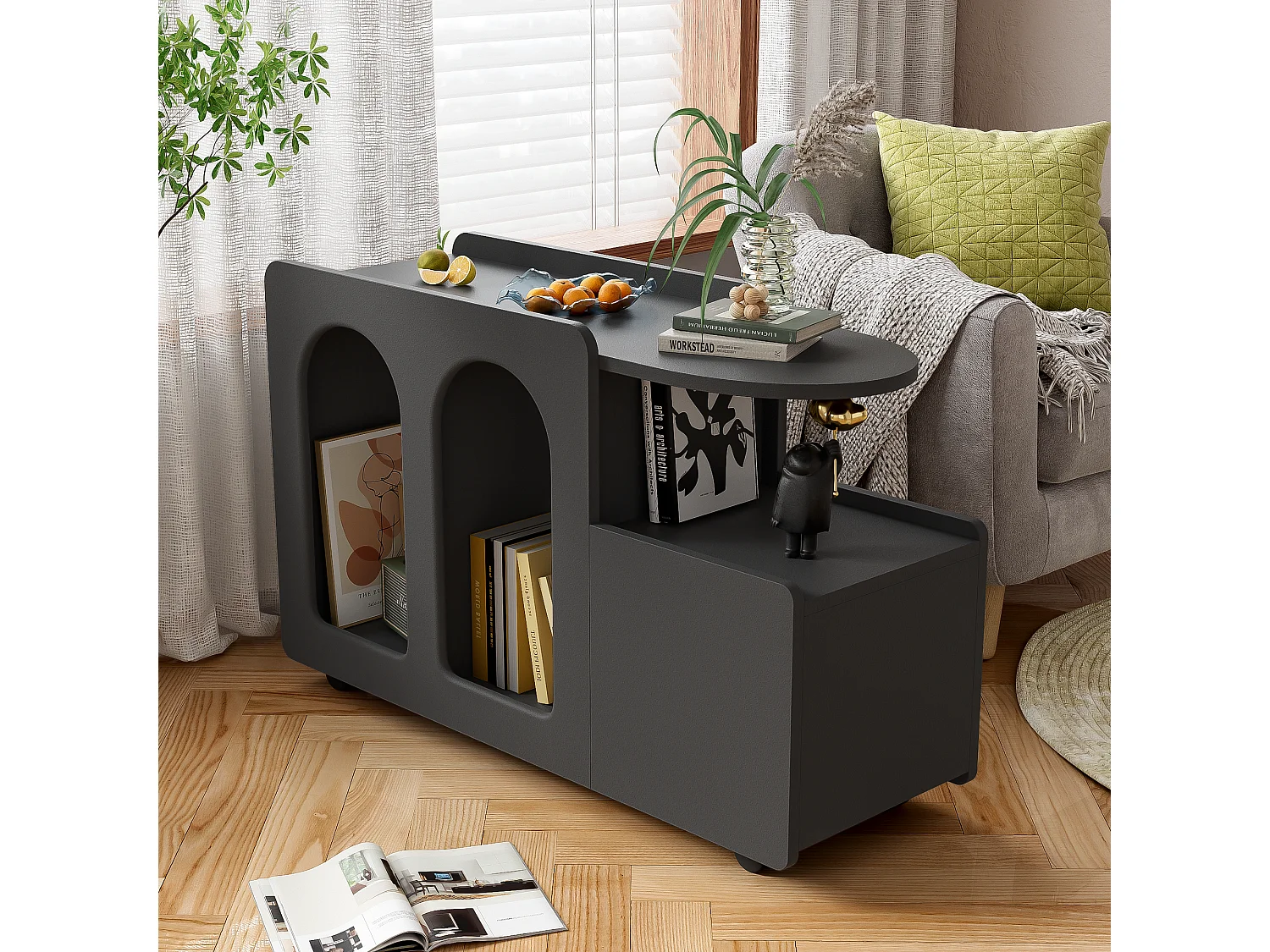 Buffet amovible à roulettes avec 1 tiroir et 3 compartiments - 82 x 30 x 53 cm - Panneau de particules - Noir