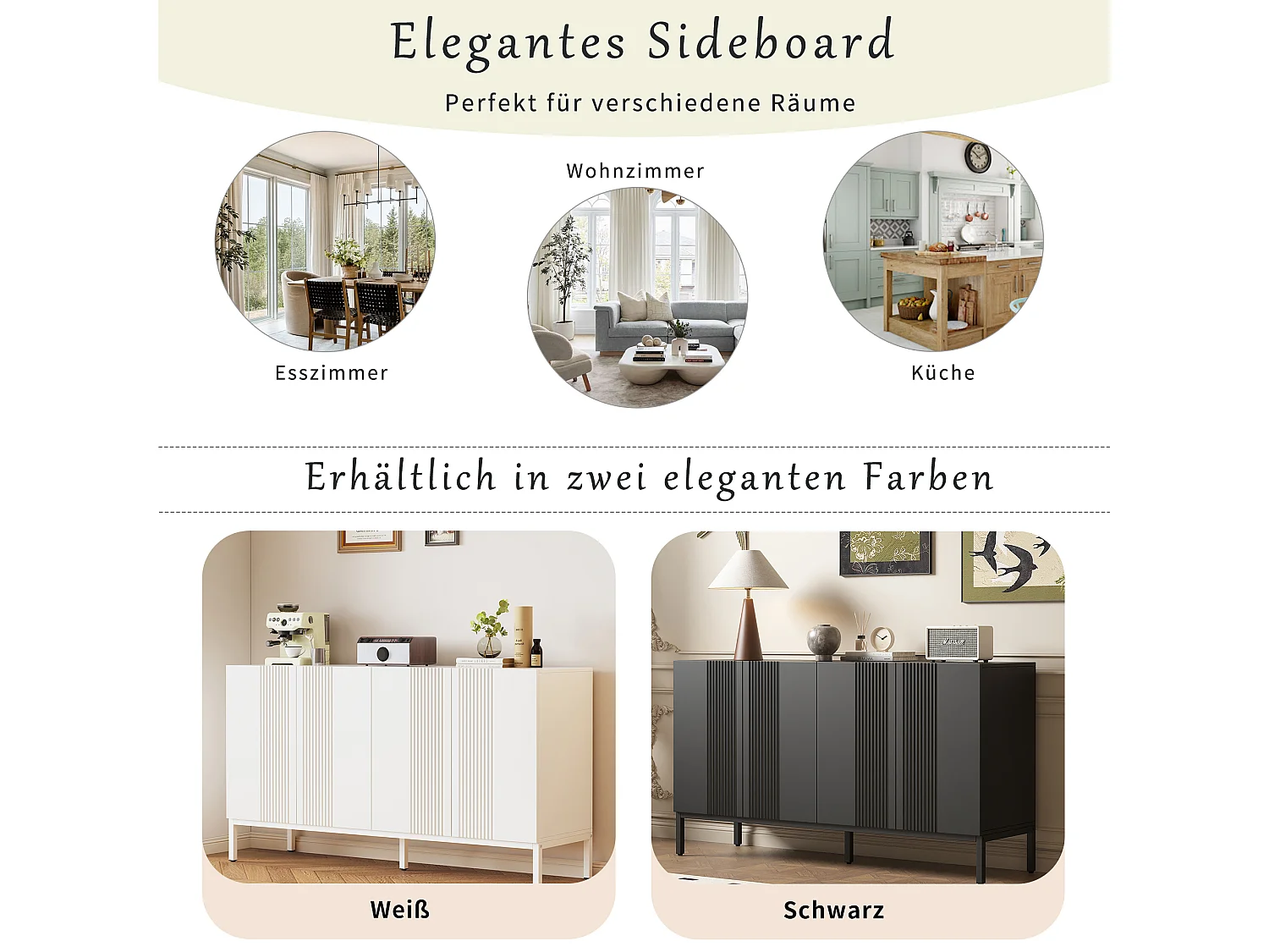 Credenza moderna con 4 ante - 140 x 41,5 x 80 cm - MDF e pannelli di particelle - per soggiorno o cucina - Bianco