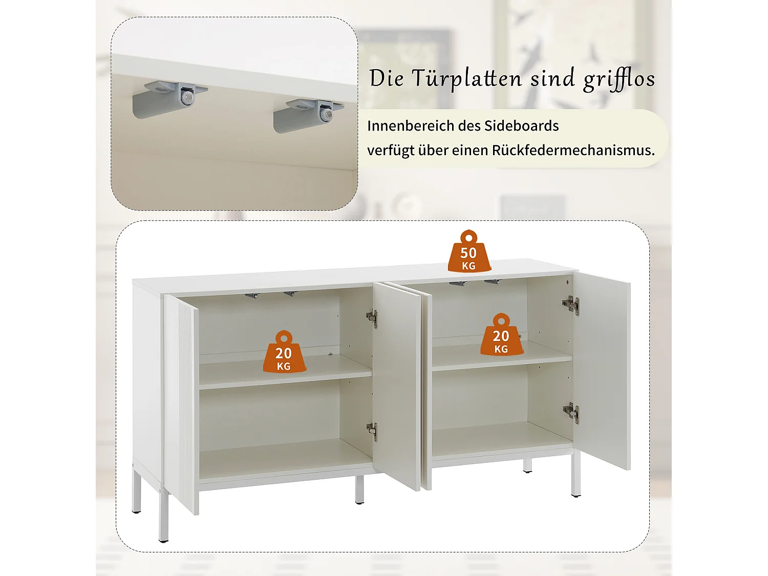 Modernes Sideboard mit 4 Türen – 140 x 41,5 x 80 cm – MDF und Spanplatte – für Wohnzimmer oder Küche – Weiß