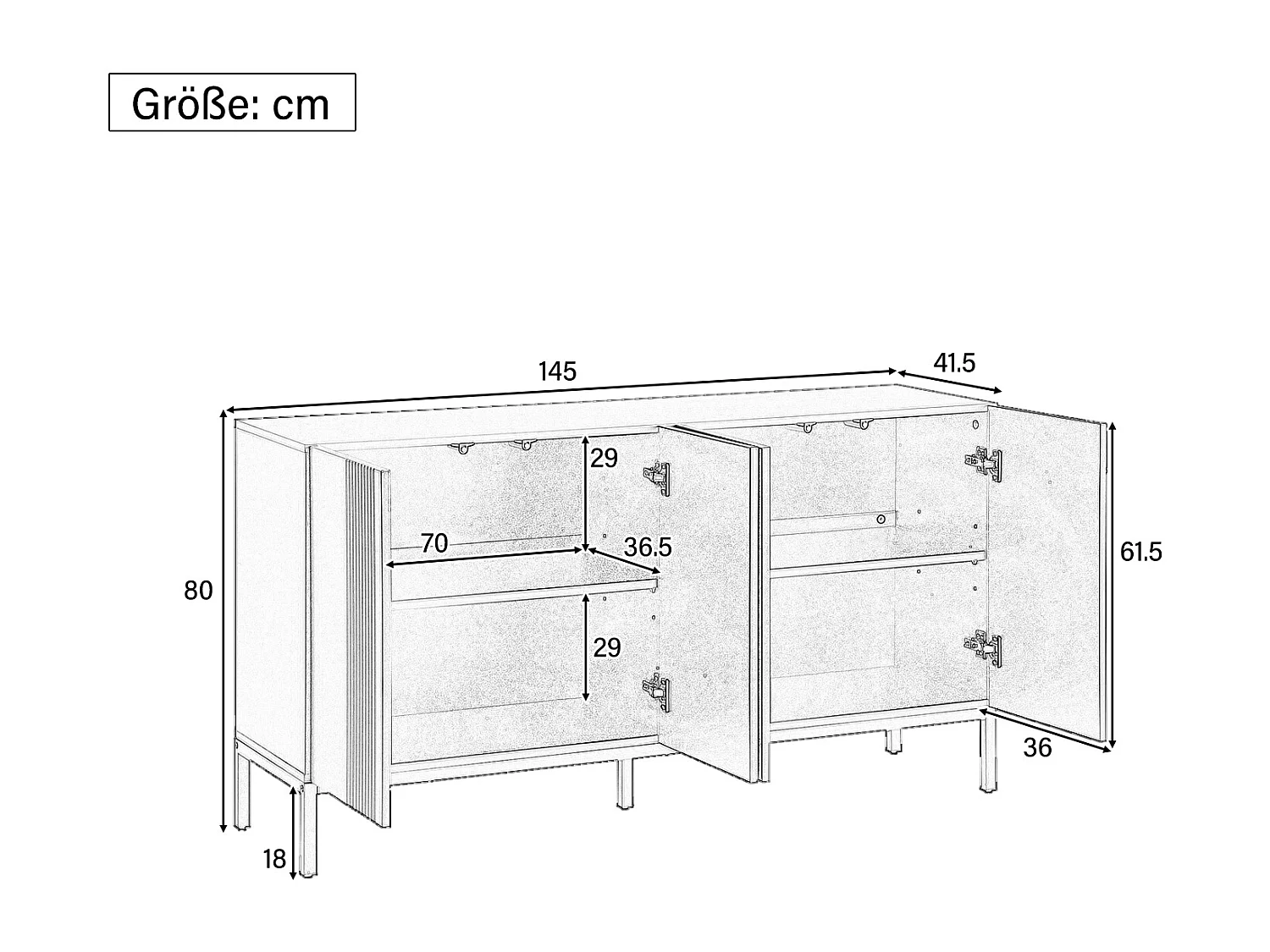 Modernes Sideboard mit 4 Türen – 140 x 41,5 x 80 cm – MDF und Spanplatte – für Wohnzimmer oder Küche – Schwarz