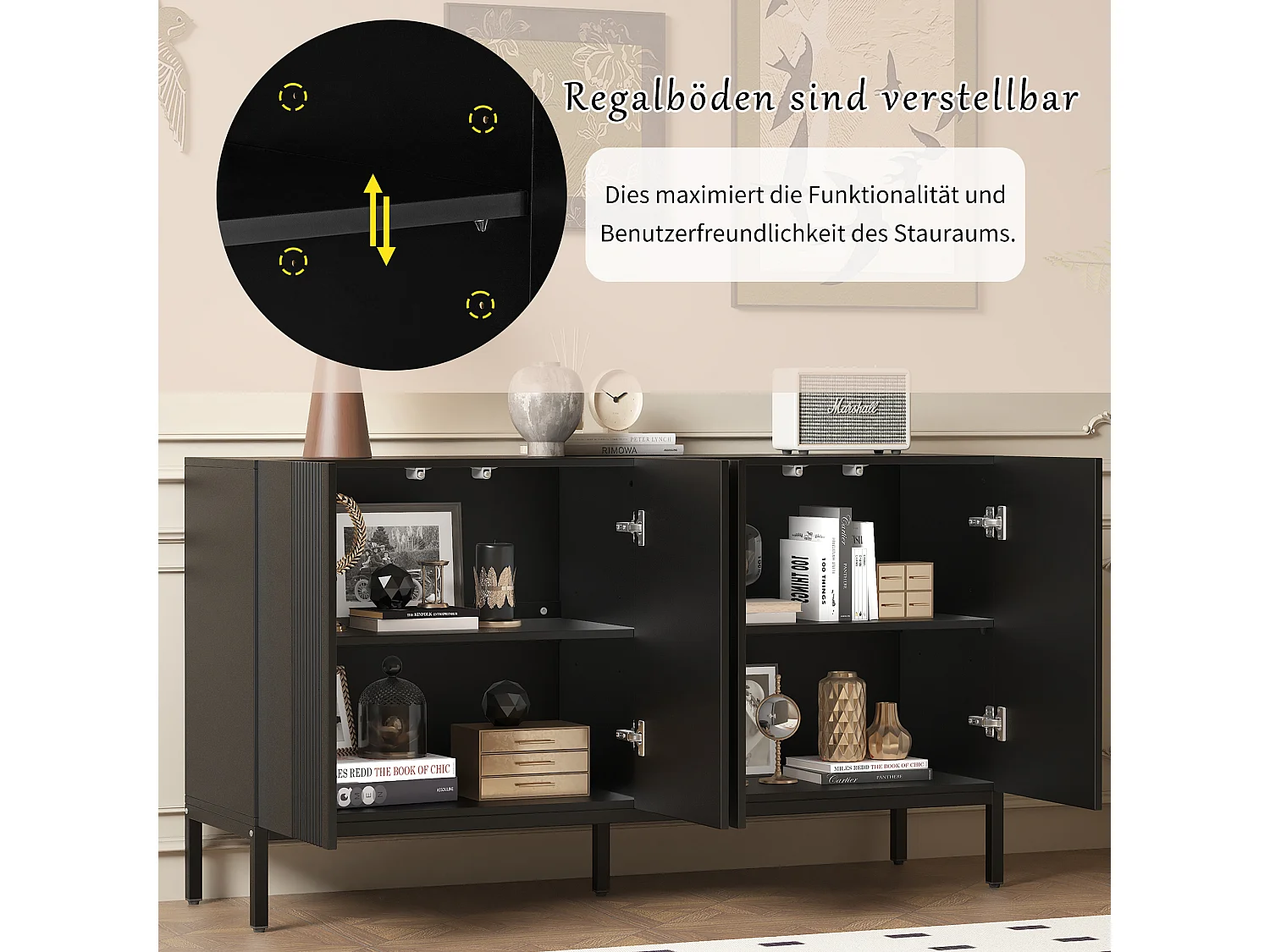 Modernes Sideboard mit 4 Türen – 140 x 41,5 x 80 cm – MDF und Spanplatte – für Wohnzimmer oder Küche – Schwarz