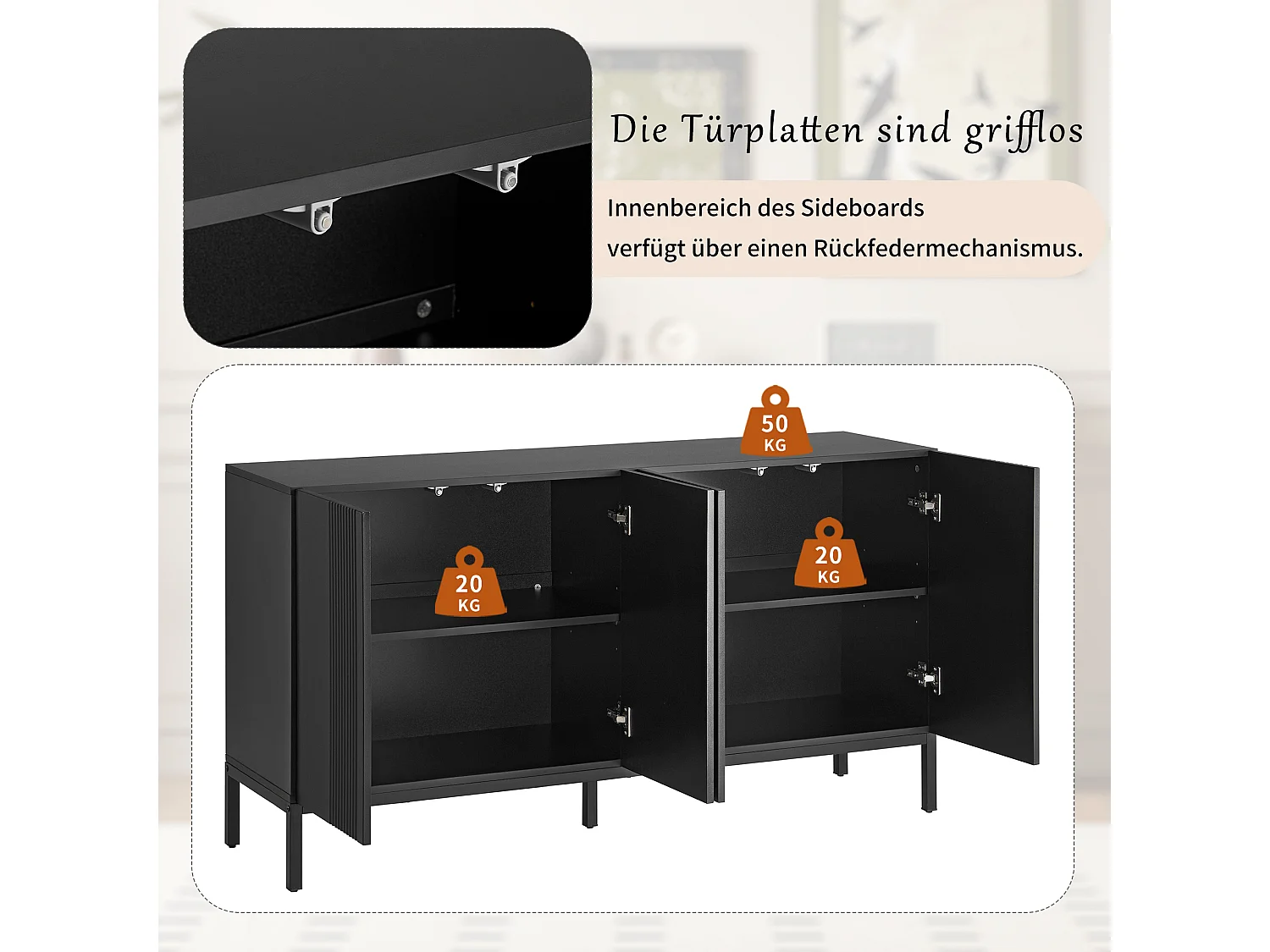 Modernes Sideboard mit 4 Türen – 140 x 41,5 x 80 cm – MDF und Spanplatte – für Wohnzimmer oder Küche – Schwarz