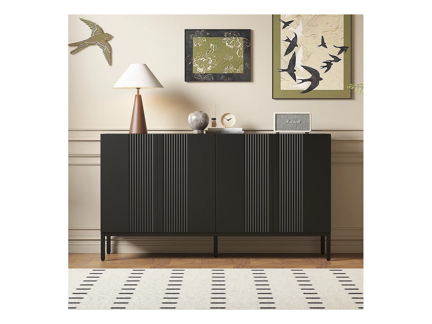 Buffet moderne avec 4 portes - 140 x 41.5 x 80 cm - MDF et panneaux de particules - pour salon ou cuisine - Noir