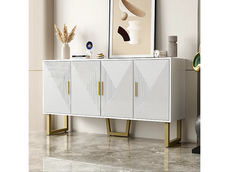 Komoda z 4 drzwiami - 150 x 40 x 82 cm - MDF, płyta wiórowa i metal - biel i złoto