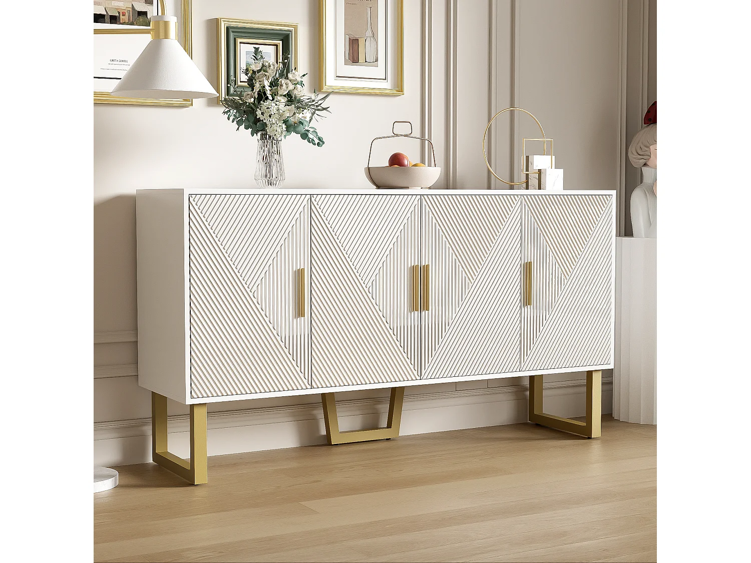 Aparador com 4 portas - 150 x 40 x 82 cm - MDF, aglomerado e metal - Branco e dourado