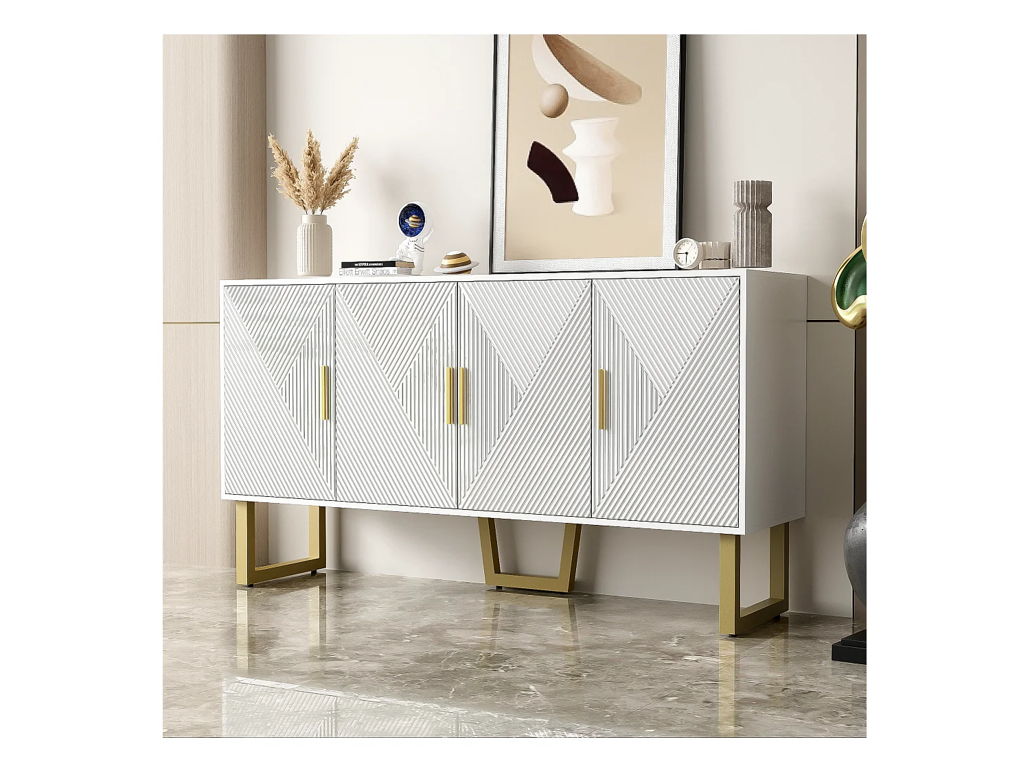 Buffet avec 4 portes - 150 x 40 x 82 cm - MDF, panneaux de particules et métal - Blanc et or