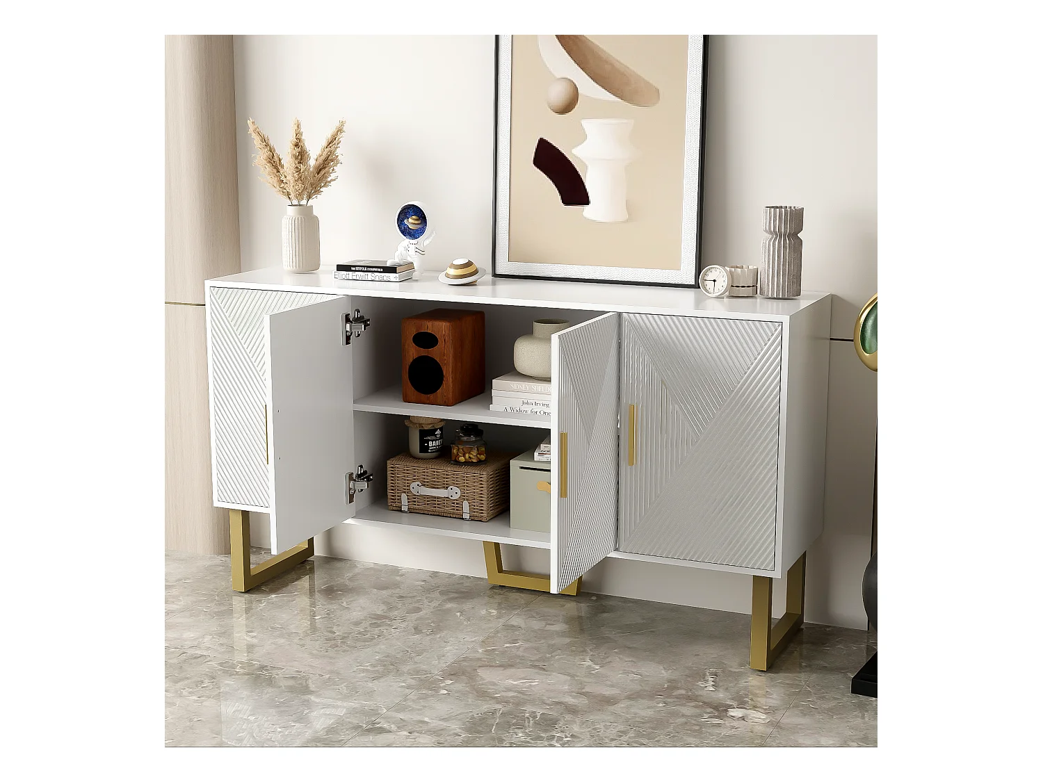 Buffet avec 4 portes - 150 x 40 x 82 cm - MDF, panneaux de particules et métal - Blanc et or