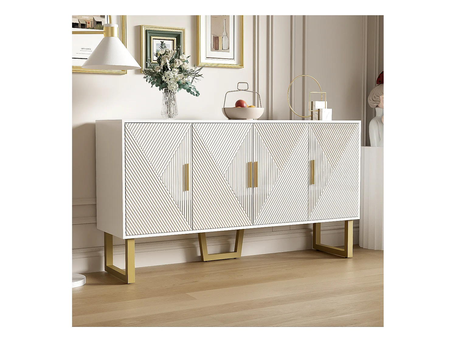 Buffet avec 4 portes - 150 x 40 x 82 cm - MDF, panneaux de particules et métal - Blanc et or