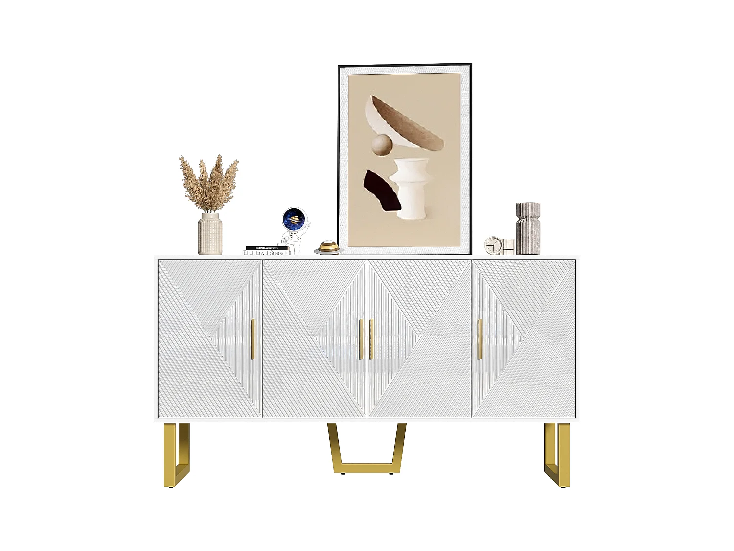 Buffet avec 4 portes - 150 x 40 x 82 cm - MDF, panneaux de particules et métal - Blanc et or