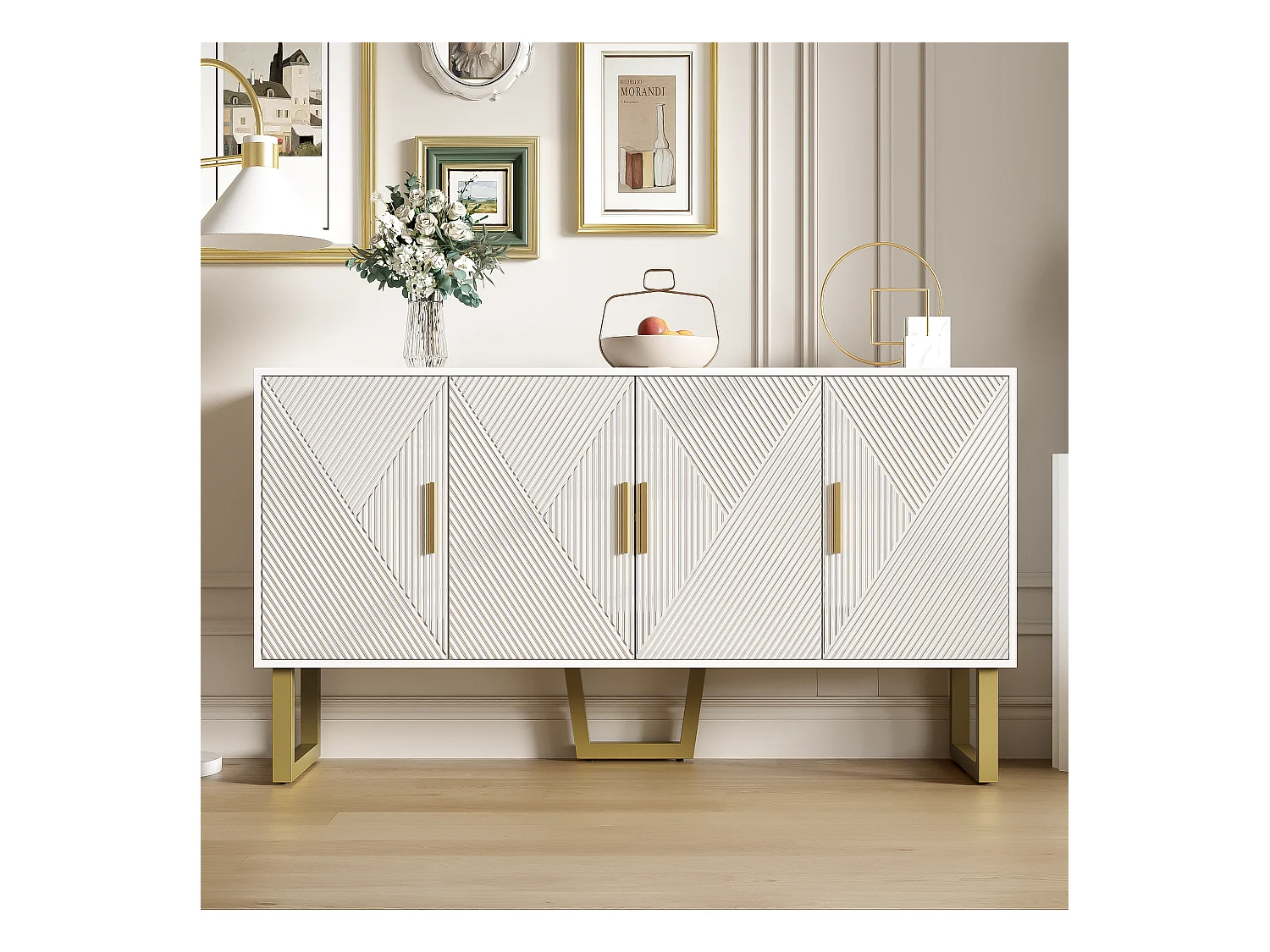 Buffet avec 4 portes - 150 x 40 x 82 cm - MDF, panneaux de particules et métal - Blanc et or