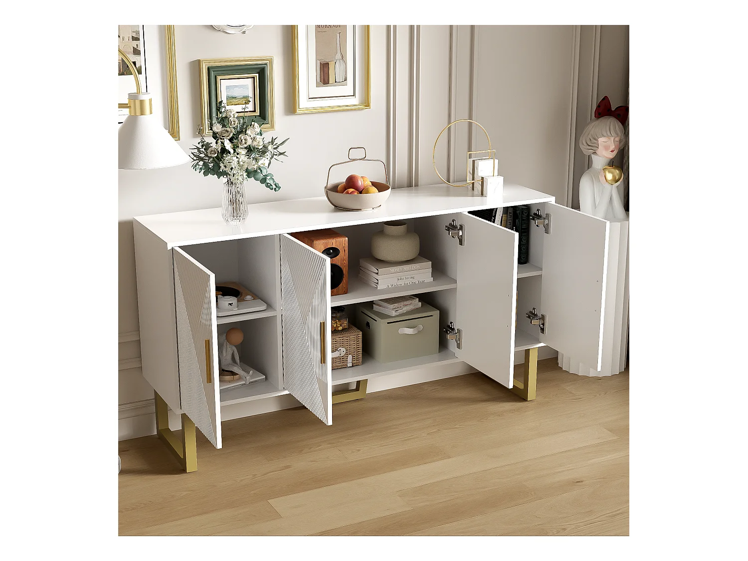 Buffet avec 4 portes - 150 x 40 x 82 cm - MDF, panneaux de particules et métal - Blanc et or