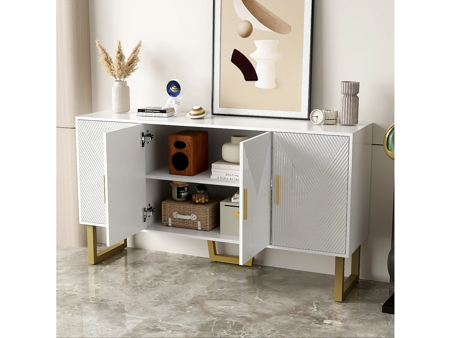 Credenza con 4 ante - 150 x 40 x 82 cm - MDF, pannelli di particelle e metallo - Bianco e oro