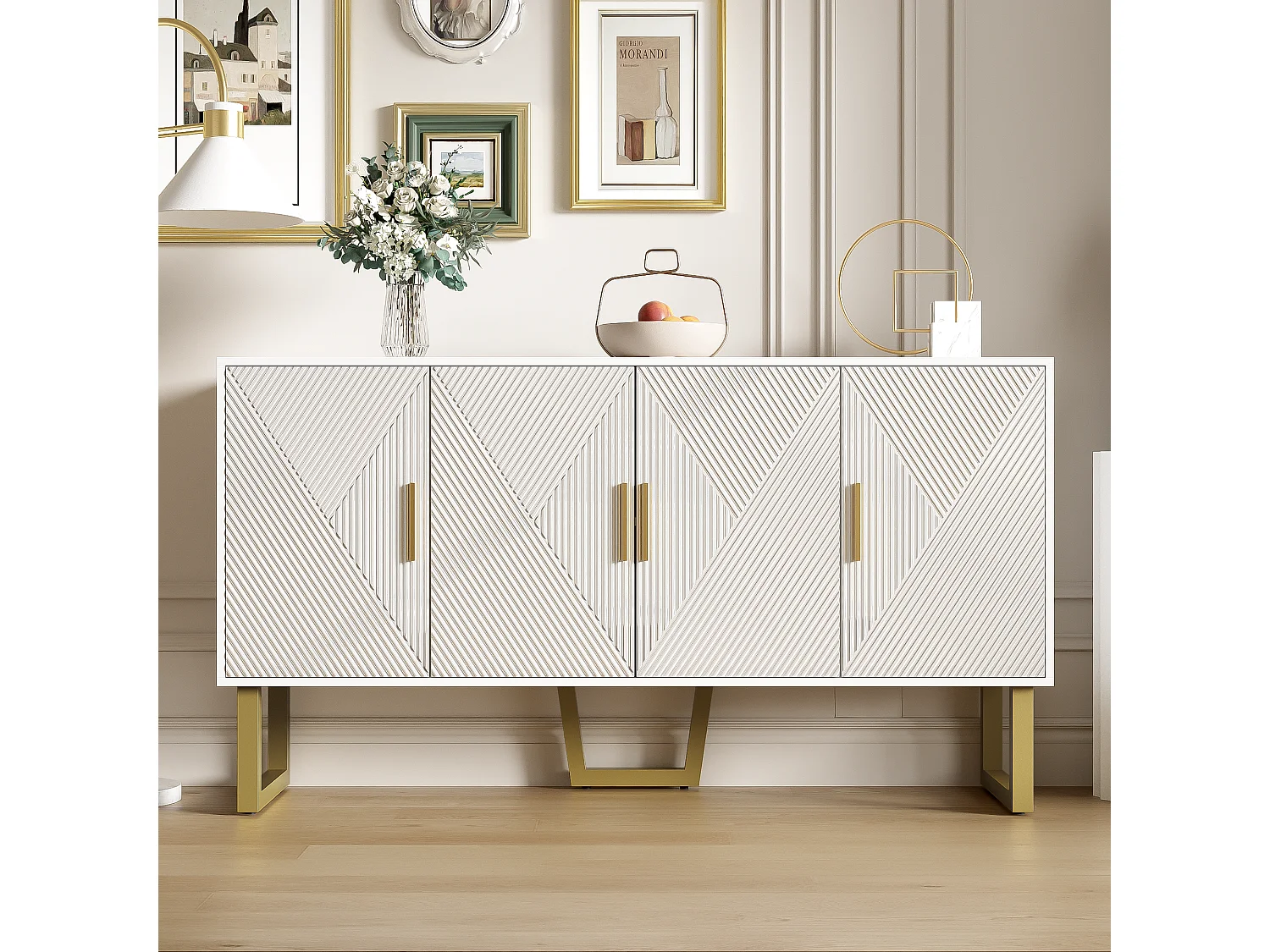 Credenza con 4 ante - 150 x 40 x 82 cm - MDF, pannelli di particelle e metallo - Bianco e oro
