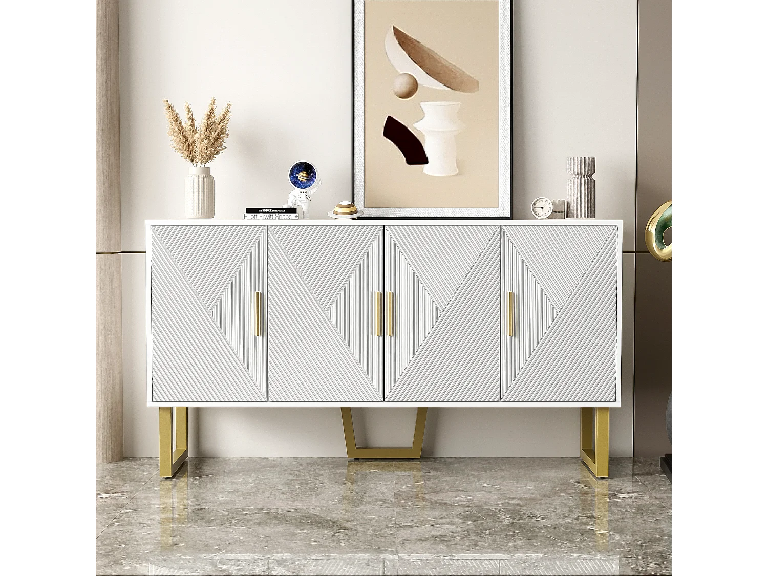 Aparador com 4 portas - 150 x 40 x 82 cm - MDF, aglomerado e metal - Branco e dourado