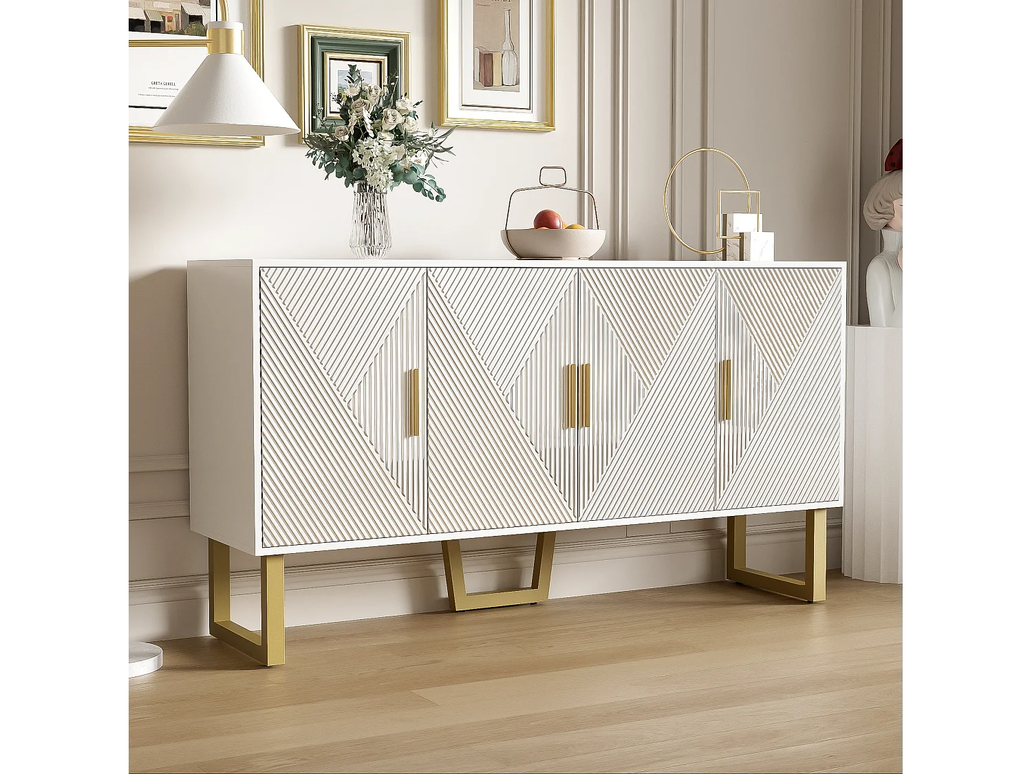Aparador com 4 portas - 150 x 40 x 82 cm - MDF, aglomerado e metal - Branco e dourado