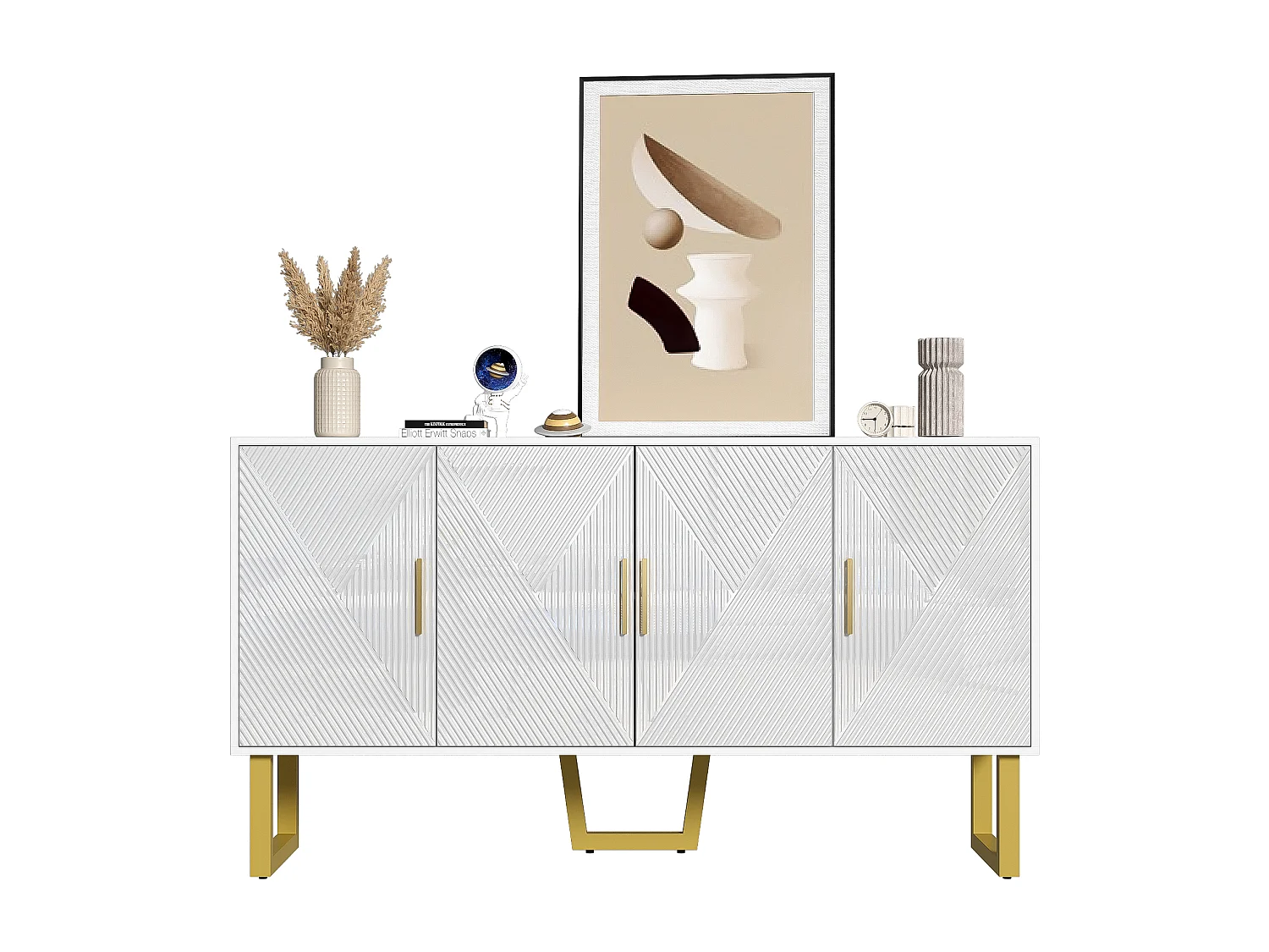 Aparador com 4 portas - 150 x 40 x 82 cm - MDF, aglomerado e metal - Branco e dourado