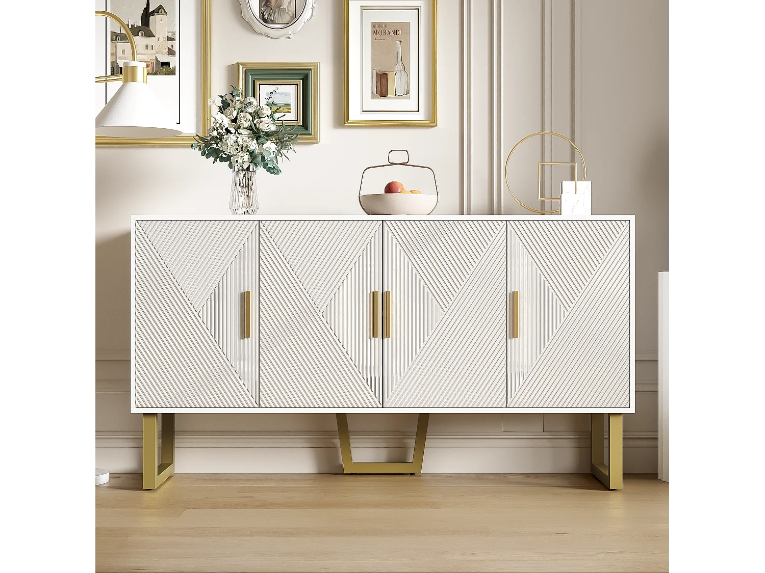 Aparador com 4 portas - 150 x 40 x 82 cm - MDF, aglomerado e metal - Branco e dourado
