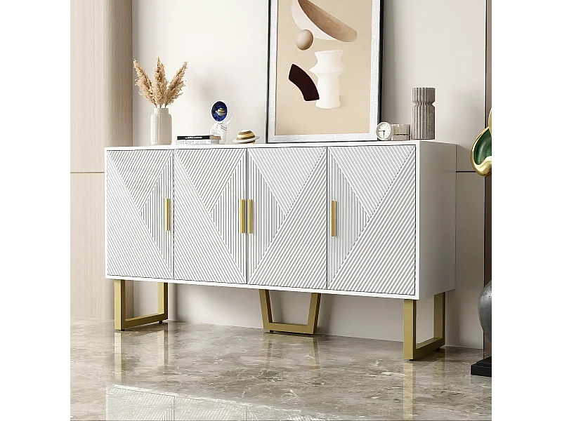 Aparador com 4 portas - 150 x 40 x 82 cm - MDF, aglomerado e metal - Branco e dourado