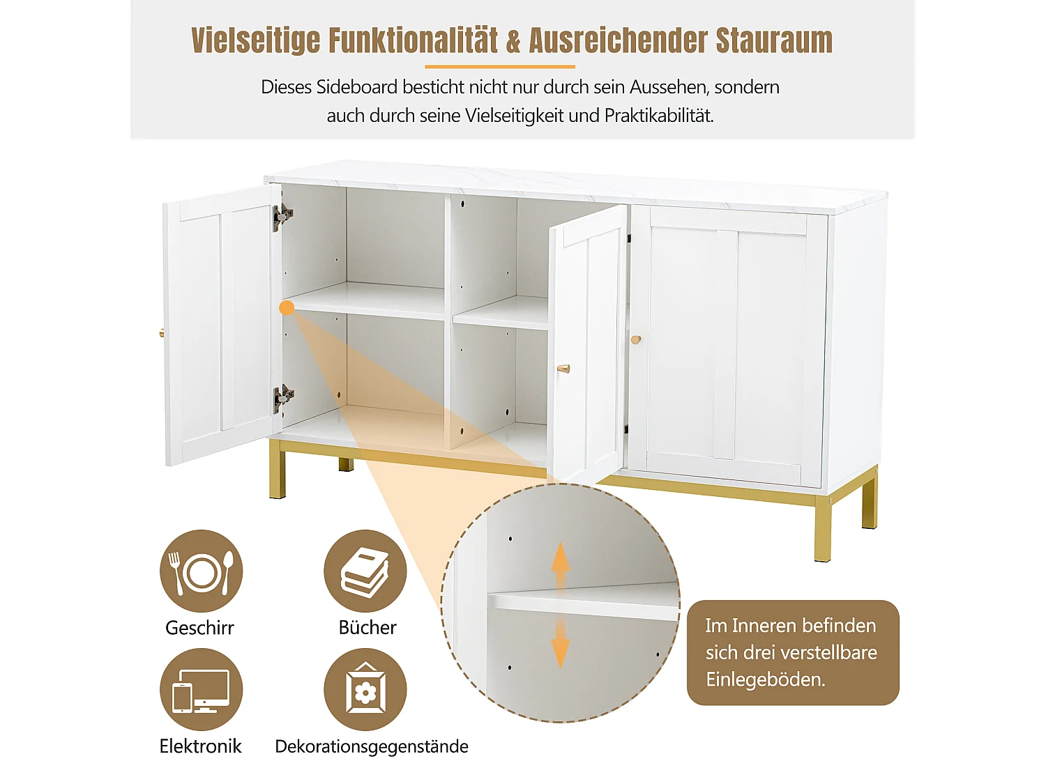 Credenza moderna con 3 ante - 140 x 40 x 80 cm - MDF e truciolare - per soggiorno o cucina - Bianco