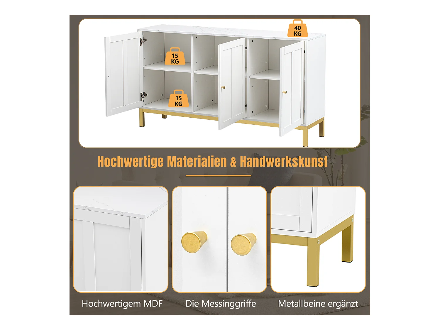 Buffet moderne avec 3 portes - 140 x 40 x 80 cm - MDF et panneaux de particules - pour salon ou cuisine - Blanc