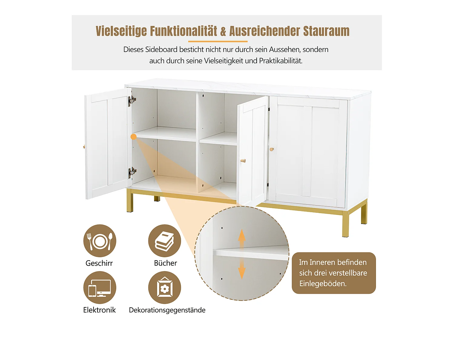 Buffet moderne avec 3 portes - 140 x 40 x 80 cm - MDF et panneaux de particules - pour salon ou cuisine - Blanc