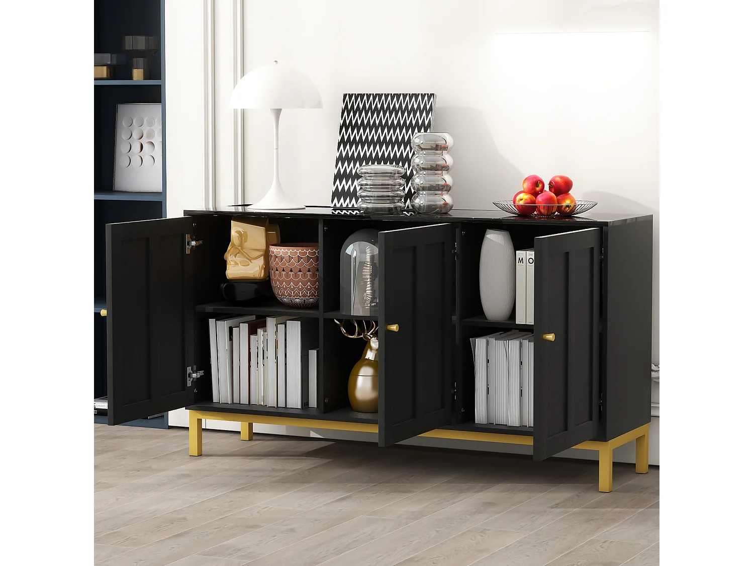 Buffet moderne avec 3 portes - 140 x 40 x 80 cm - MDF et panneaux de particules - pour salon ou cuisine - Noir