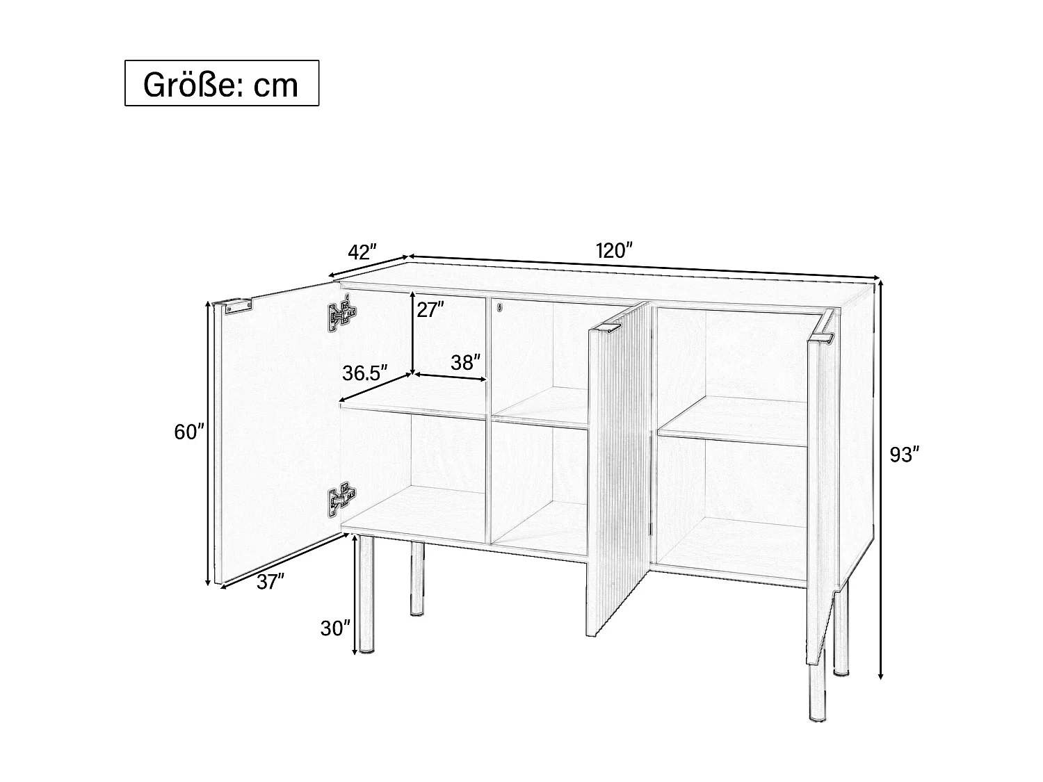 Credenza moderna con 3 ante - 120 x 42 x 93 cm - MDF - Ripiani regolabili e gambe in metallo - Nero