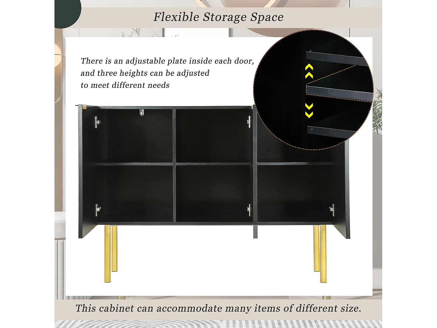 Credenza moderna con 3 ante - 120 x 42 x 93 cm - MDF - Ripiani regolabili e gambe in metallo - Nero