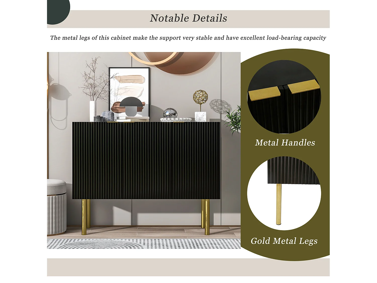 Credenza moderna con 3 ante - 120 x 42 x 93 cm - MDF - Ripiani regolabili e gambe in metallo - Nero