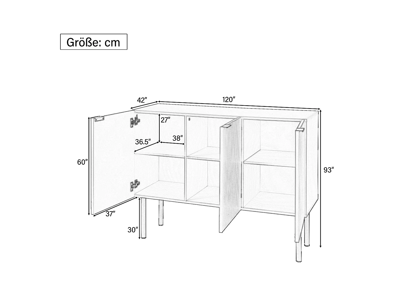 Buffet moderne avec 3 portes - 120 x 42 x 93 cm - MDF - Etagères réglables et pieds en métal - Noir