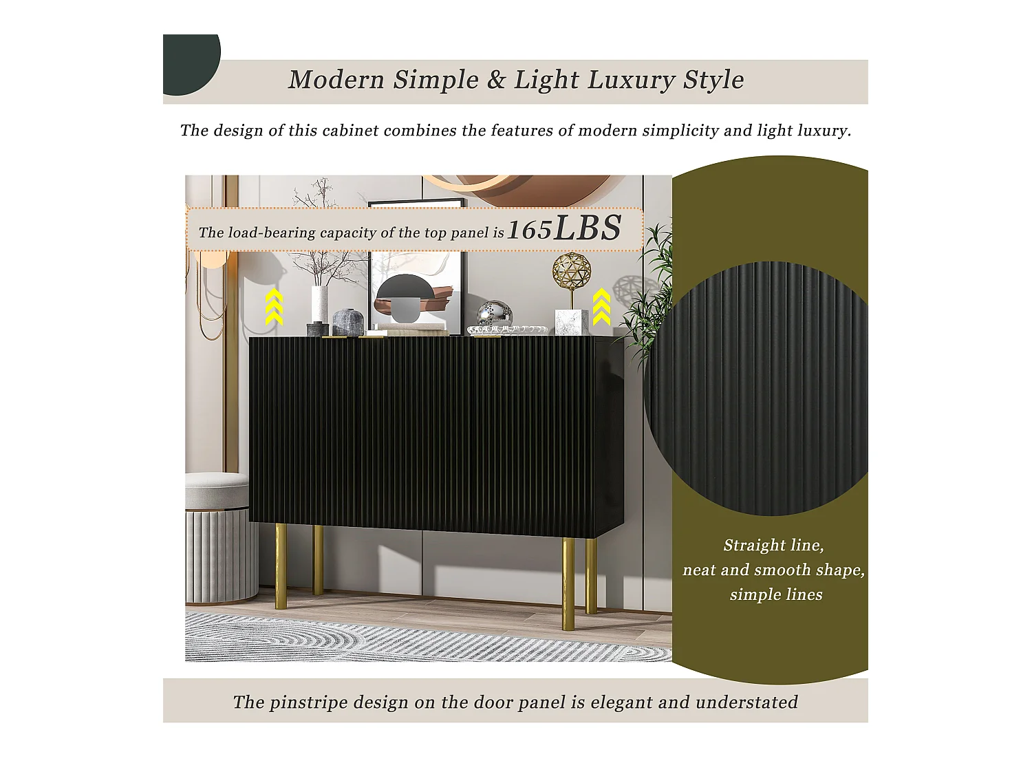 Buffet moderne avec 3 portes - 120 x 42 x 93 cm - MDF - Etagères réglables et pieds en métal - Noir