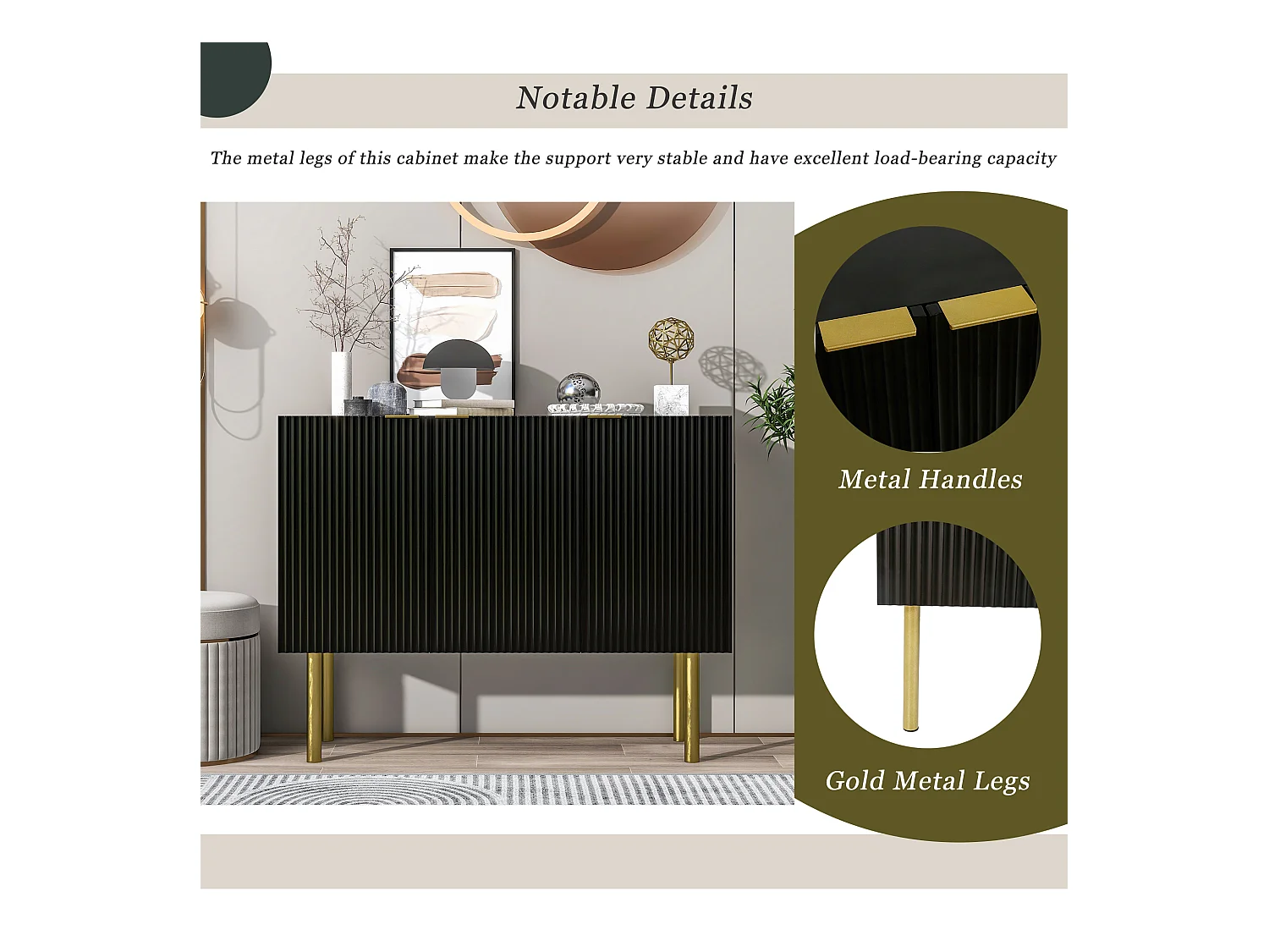 Buffet moderne avec 3 portes - 120 x 42 x 93 cm - MDF - Etagères réglables et pieds en métal - Noir