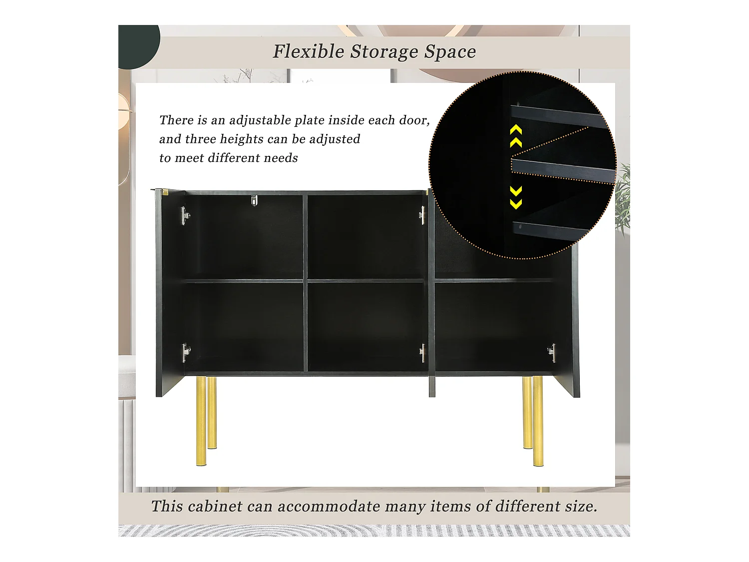 Buffet moderne avec 3 portes - 120 x 42 x 93 cm - MDF - Etagères réglables et pieds en métal - Noir