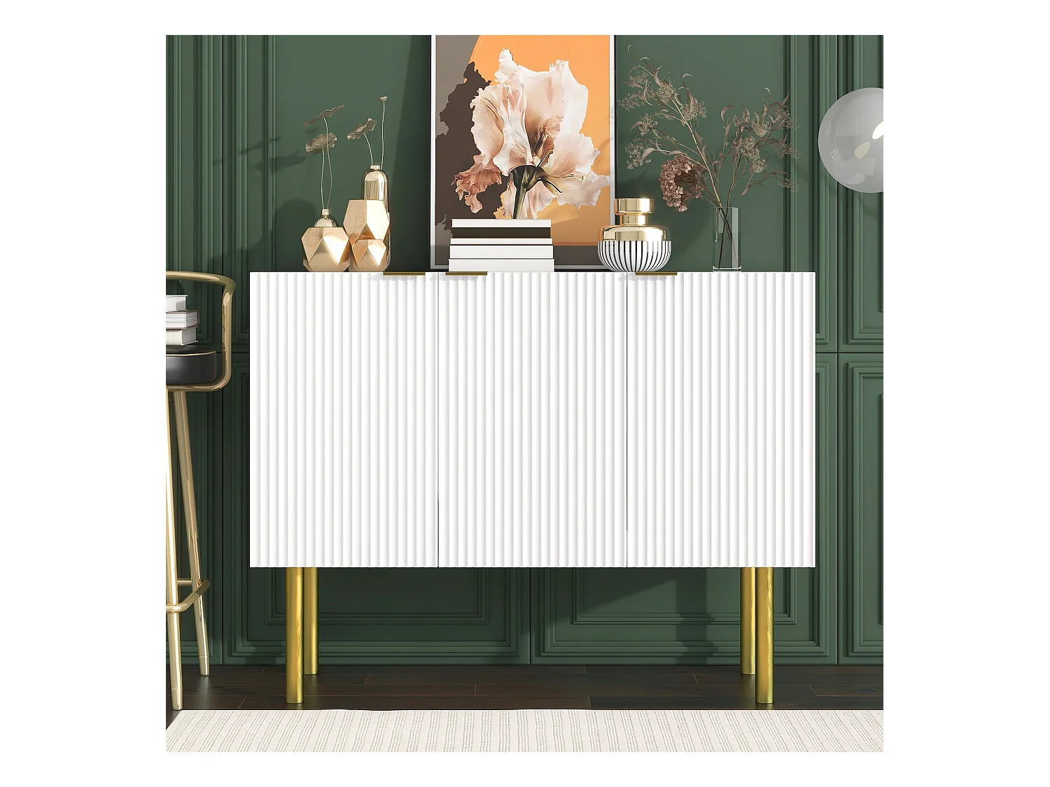 Buffet moderne avec 3 portes - 120 x 42 x 93 cm - MDF - Etagères réglables et pieds en métal - Blanc