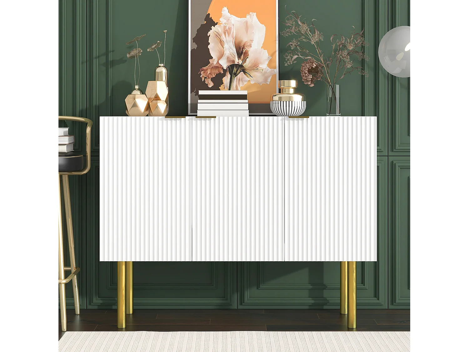 Buffet strié 4 portes - Bois MDF et pièds en métal doré - style moderne