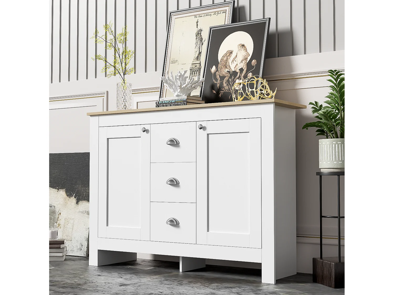 Buffet avec 2 portes et 3 tiroirs - 116 x 35 x 81 cm - MDF et panneaux de particules - Coloris: blanc + bois