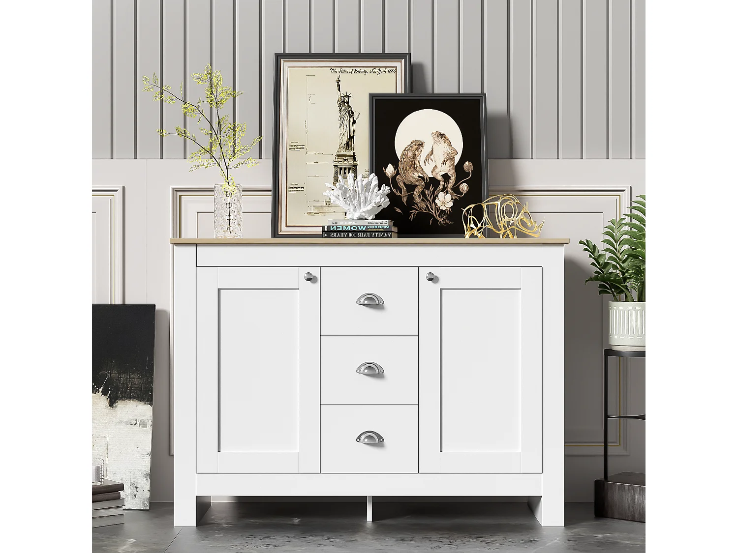 Buffet avec 2 portes et 3 tiroirs - 116 x 35 x 81 cm - MDF et panneaux de particules - Coloris: blanc + bois