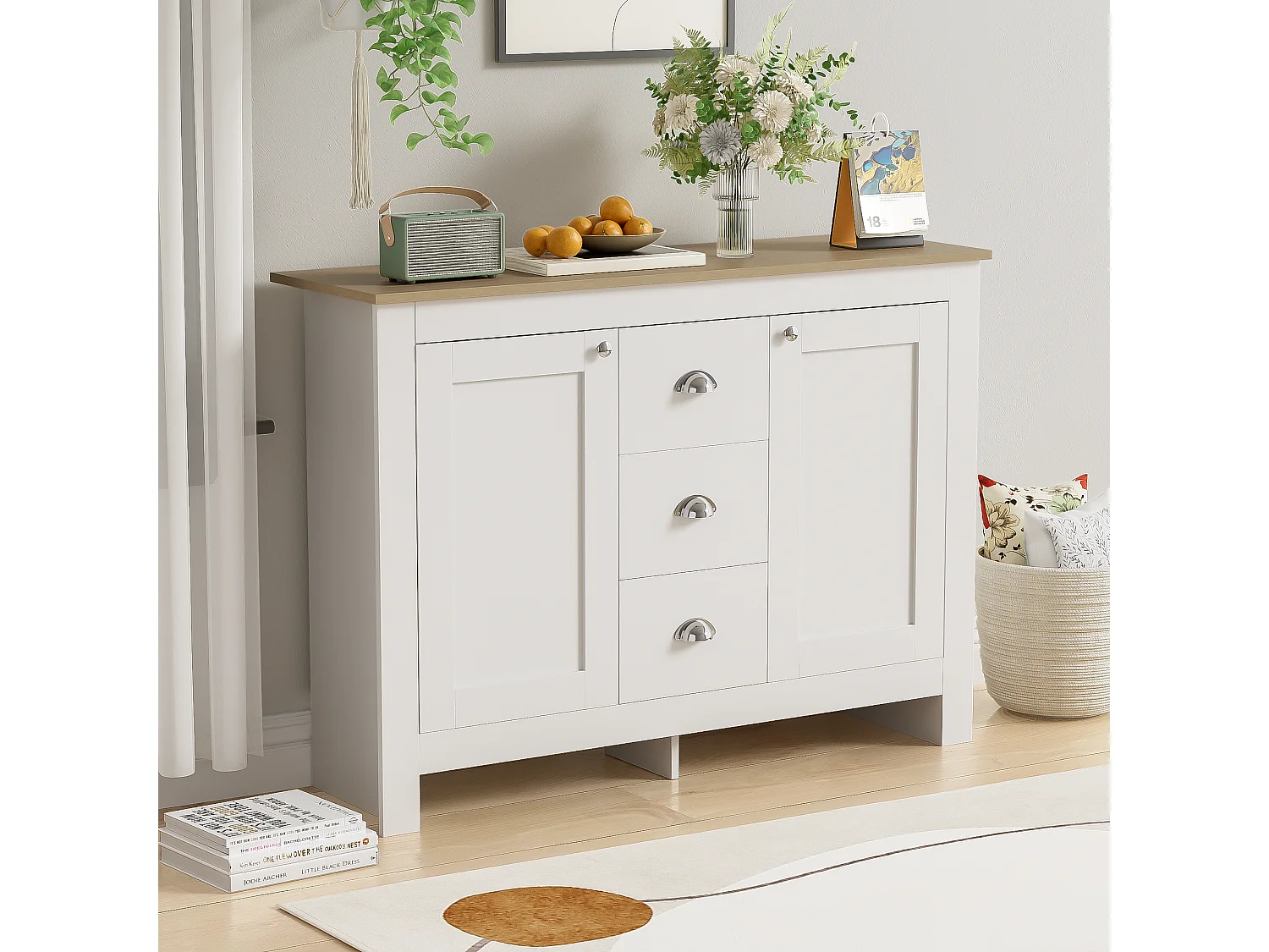 Buffet avec 2 portes et 3 tiroirs - 116 x 35 x 81 cm - MDF et panneaux de particules - Coloris: blanc + bois