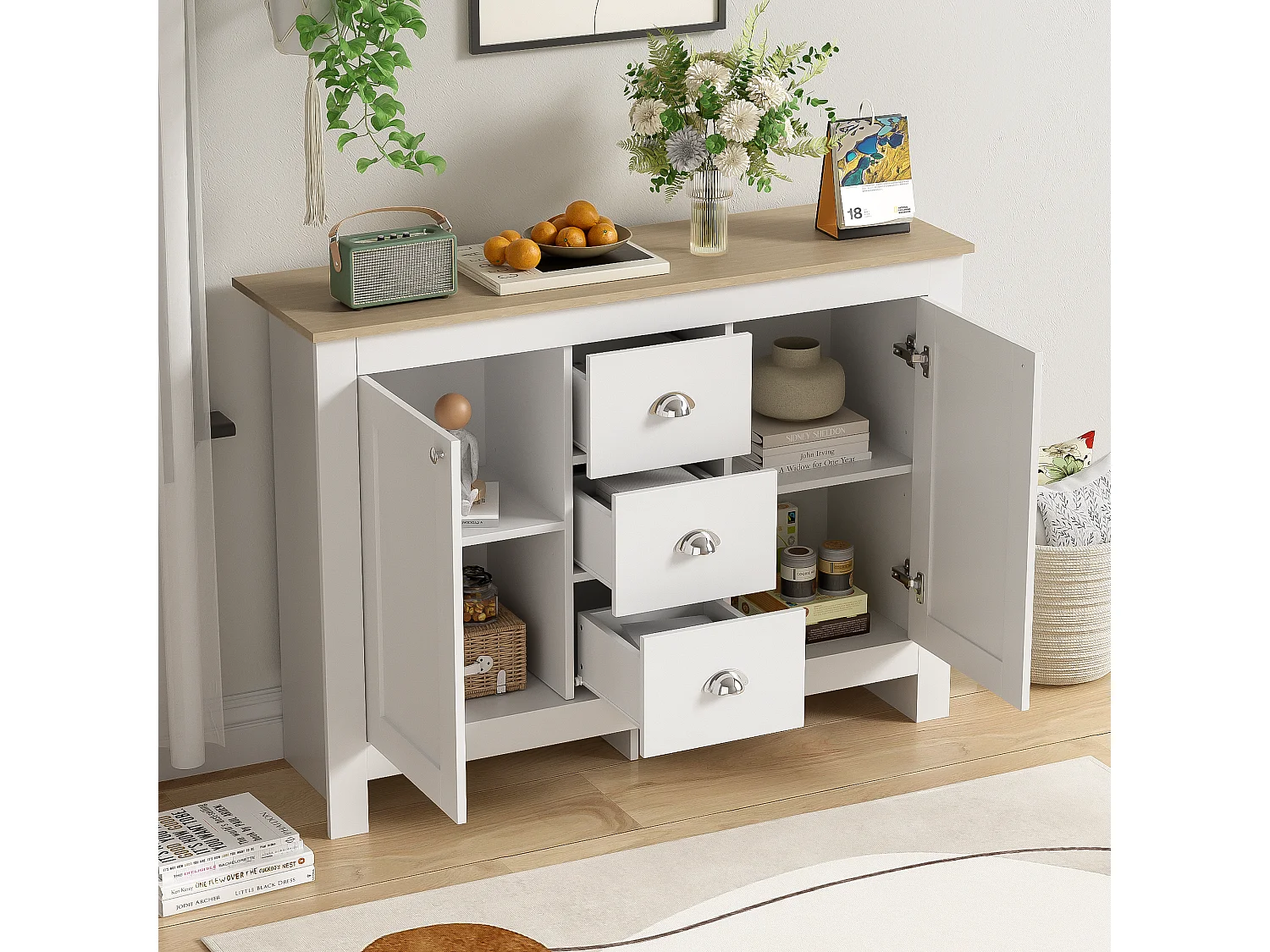 Buffet avec 2 portes et 3 tiroirs - 116 x 35 x 81 cm - MDF et panneaux de particules - Coloris: blanc + bois