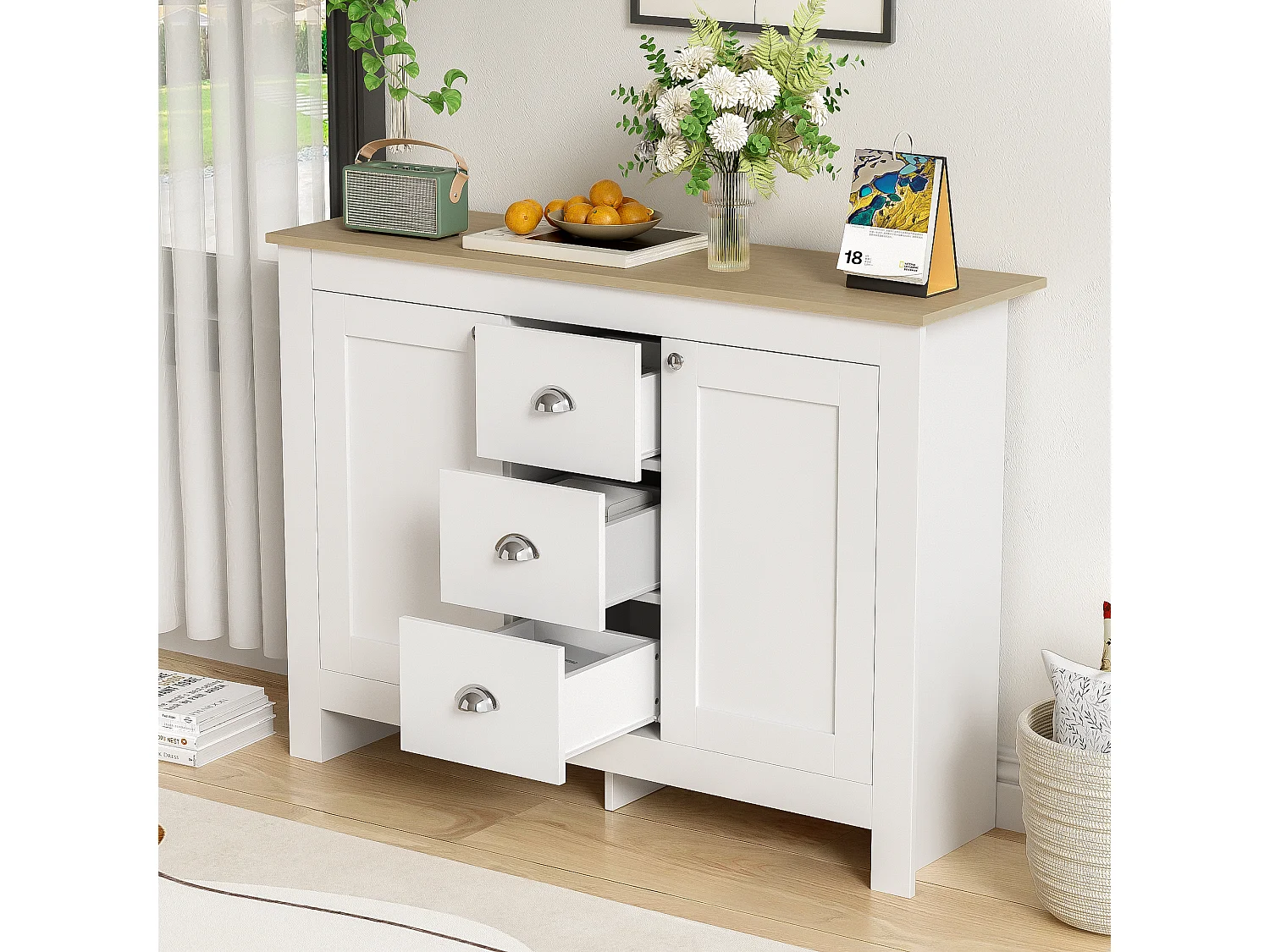 Buffet avec 2 portes et 3 tiroirs - 116 x 35 x 81 cm - MDF et panneaux de particules - Coloris: blanc + bois
