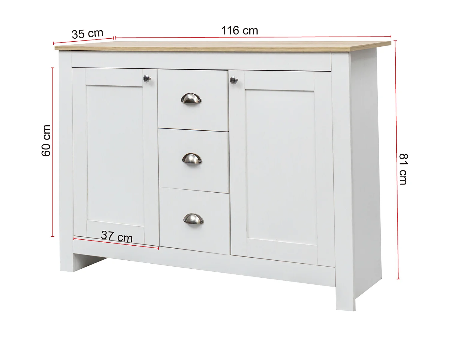 Buffet avec 2 portes et 3 tiroirs - 116 x 35 x 81 cm - MDF et panneaux de particules - Coloris: blanc + bois
