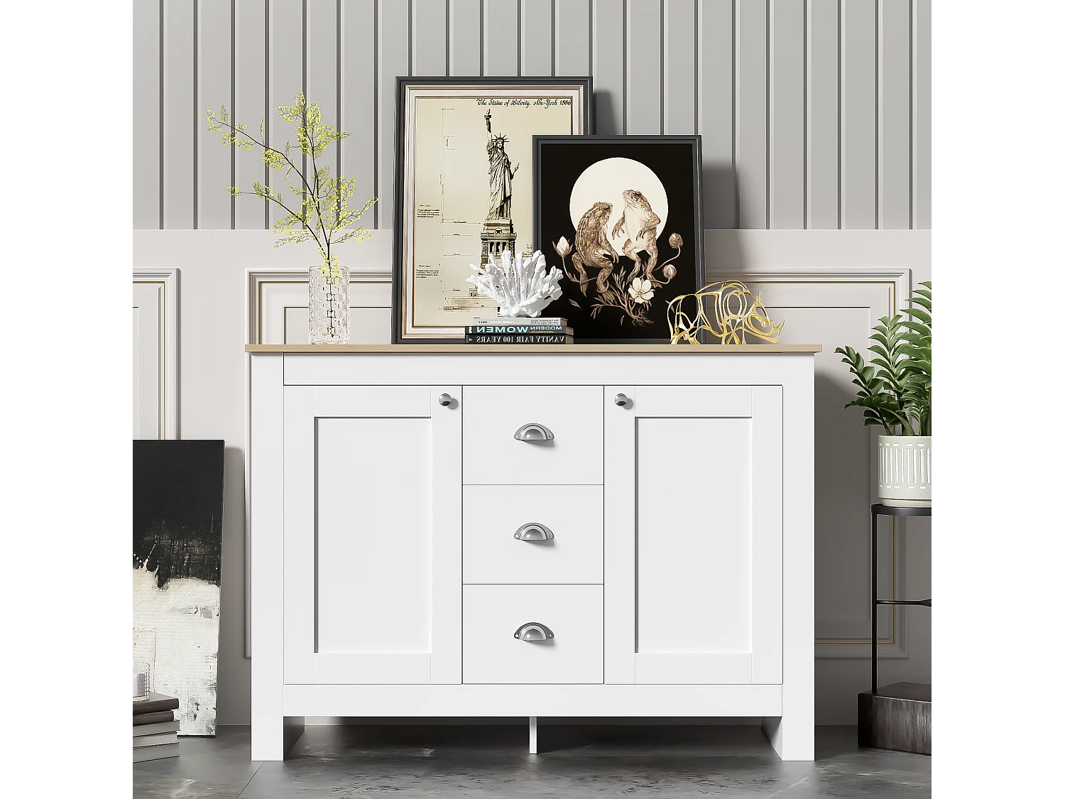 Komoda z 2 drzwiami i 3 szufladami - 116 x 35 x 81 cm - Płyta MDF i płyta wiórowa - Kolor: biały + drewno