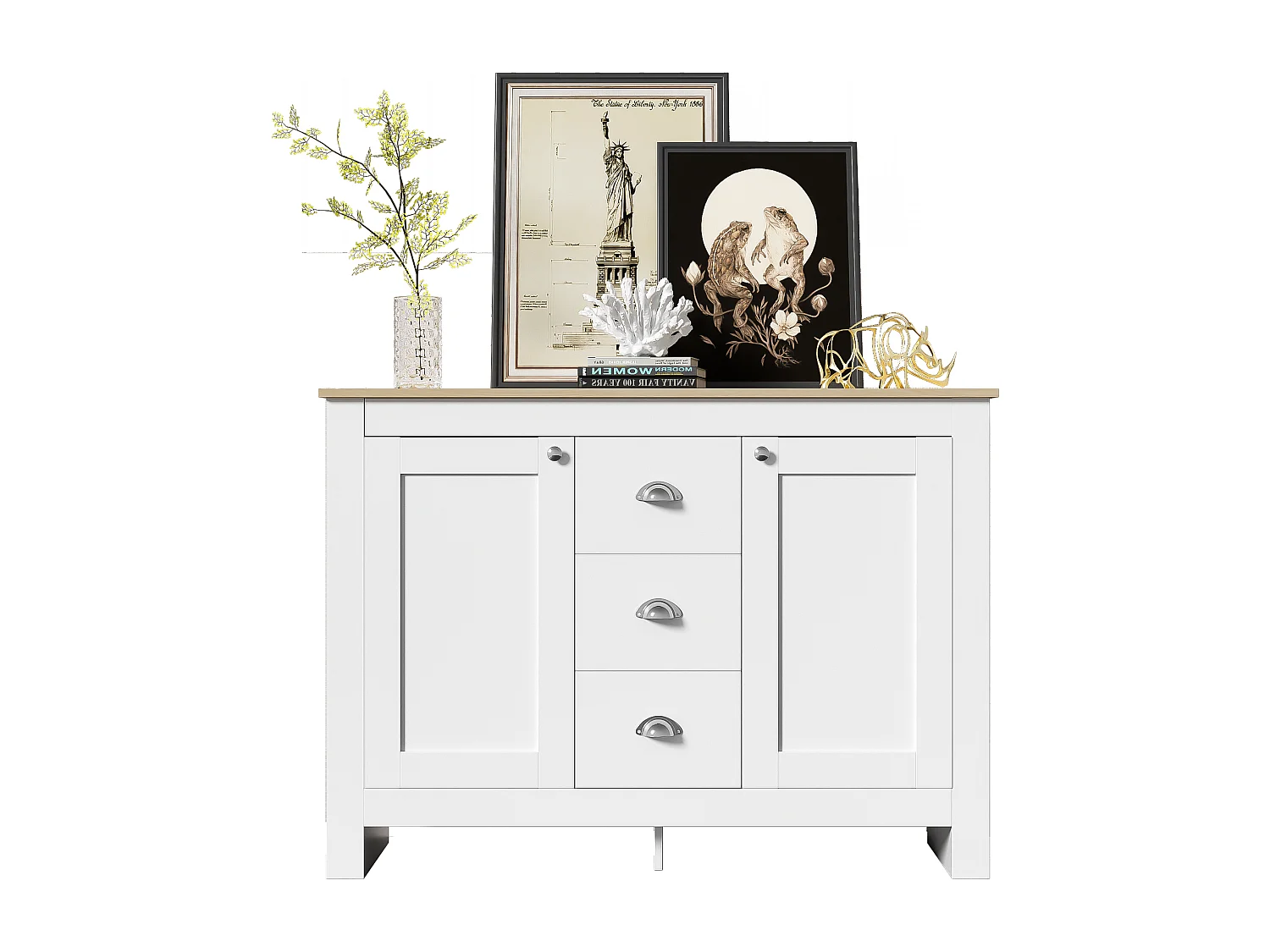 Komoda z 2 drzwiami i 3 szufladami - 116 x 35 x 81 cm - Płyta MDF i płyta wiórowa - Kolor: biały + drewno