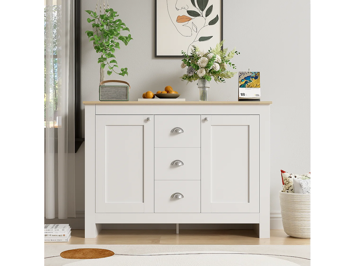 Komoda z 2 drzwiami i 3 szufladami - 116 x 35 x 81 cm - Płyta MDF i płyta wiórowa - Kolor: biały + drewno