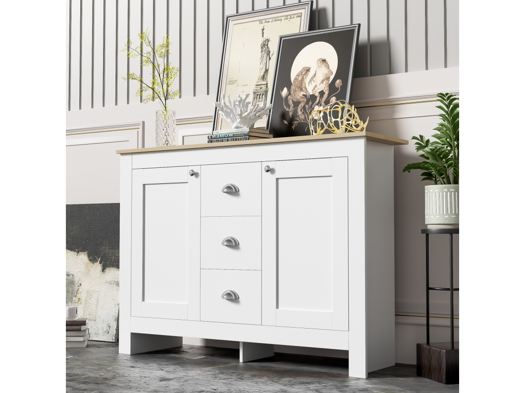 Aparador con 2 puertas y 3 cajones - 116 x 35 x 81 cm - MDF y tableros de partículas - Color: blanco + madera