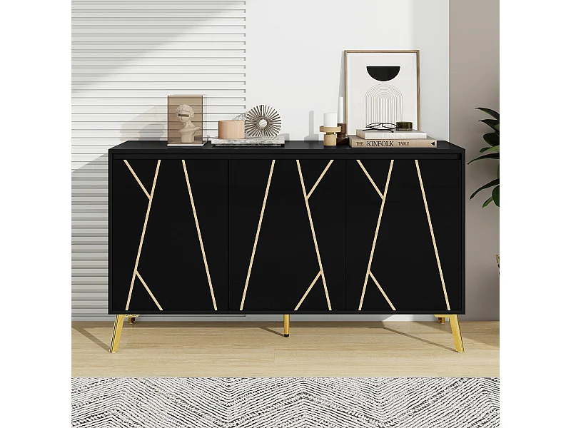 Modernes Sideboard mit 3 Türen – 140 x 40 x 80 cm – MDF und Metall – für Wohnzimmer oder Küche – Schwarz und Gold