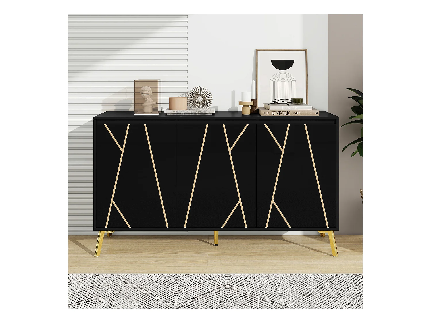 Buffet moderne avec 3 portes - 140 x 40 x 80 cm - MDF et métal - pour salon ou cuisine - Noir et or
